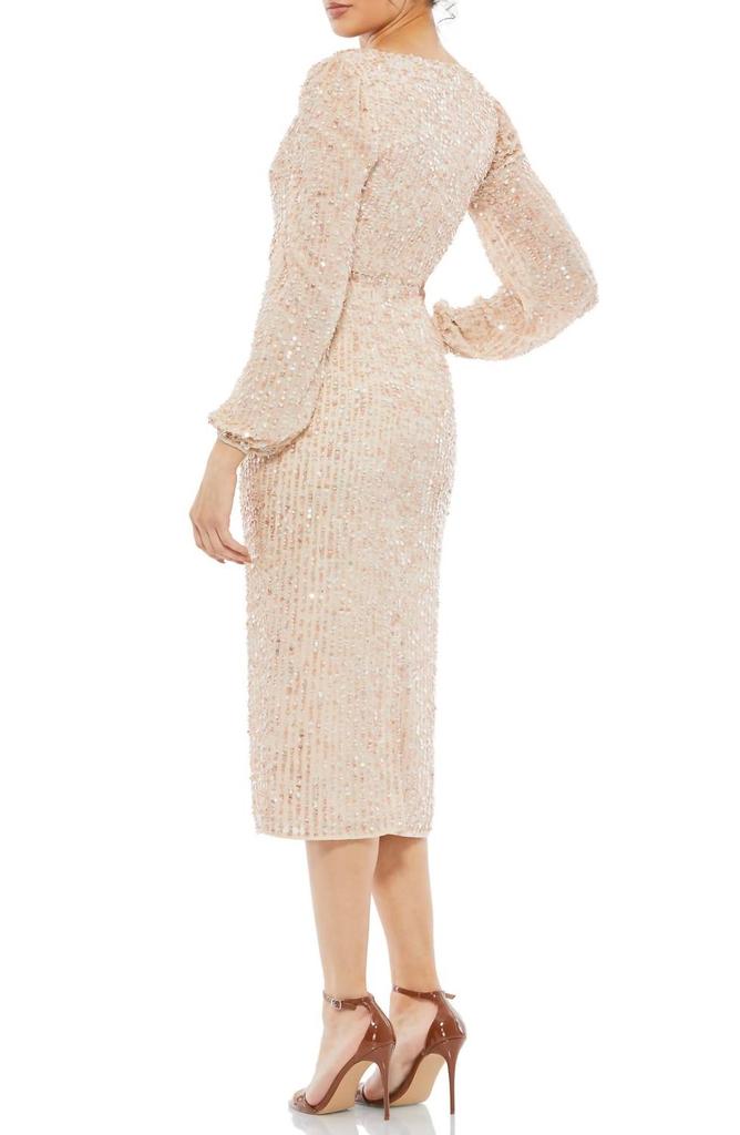 Mac Duggal Sequin Long Sleeve Cocktail Midi Dress In Nude