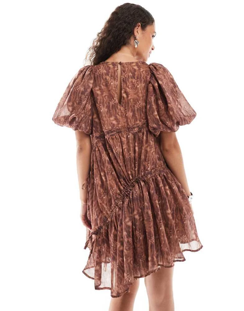 Ghospell Ghospell asymmetric ruched mini dress in brown print 4