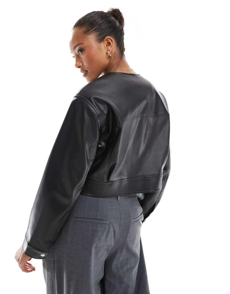 ASOS ASOS DESIGN cropped collarless leather look jacket in black 4