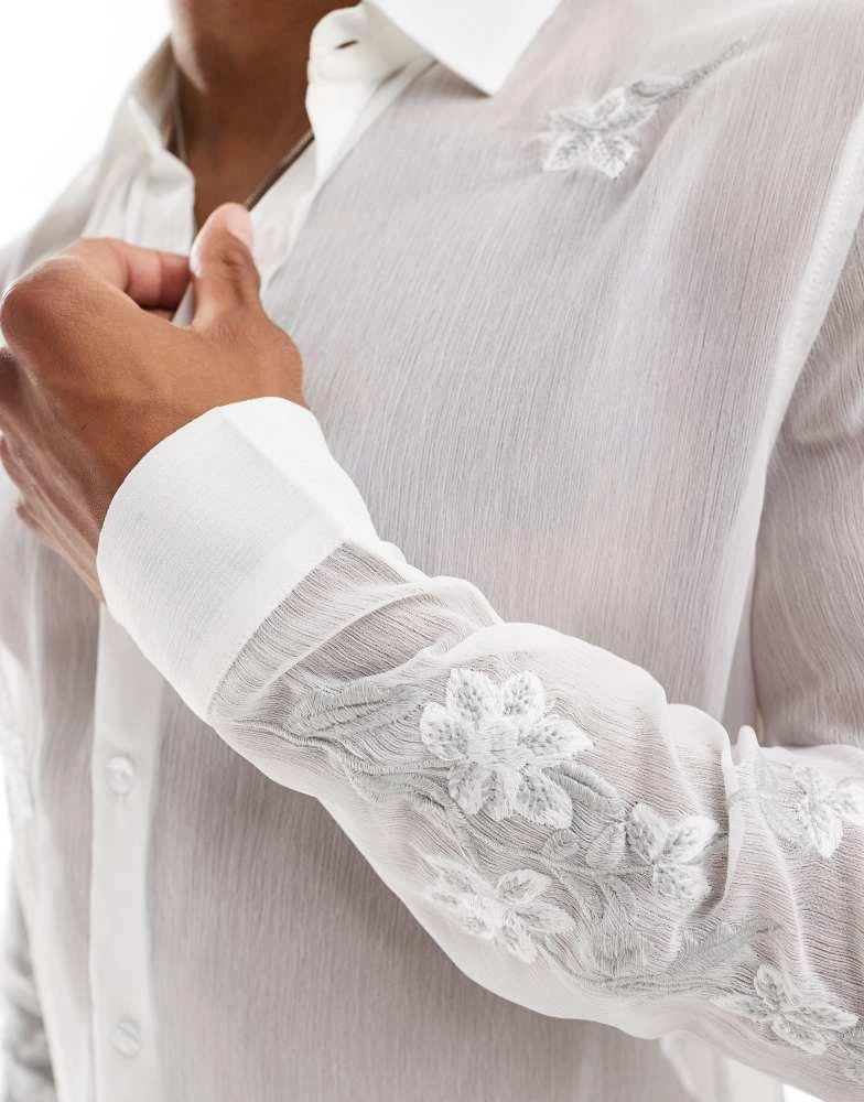 ASOS ASOS DESIGN sheer regular shirt with floral embroidery in white 3