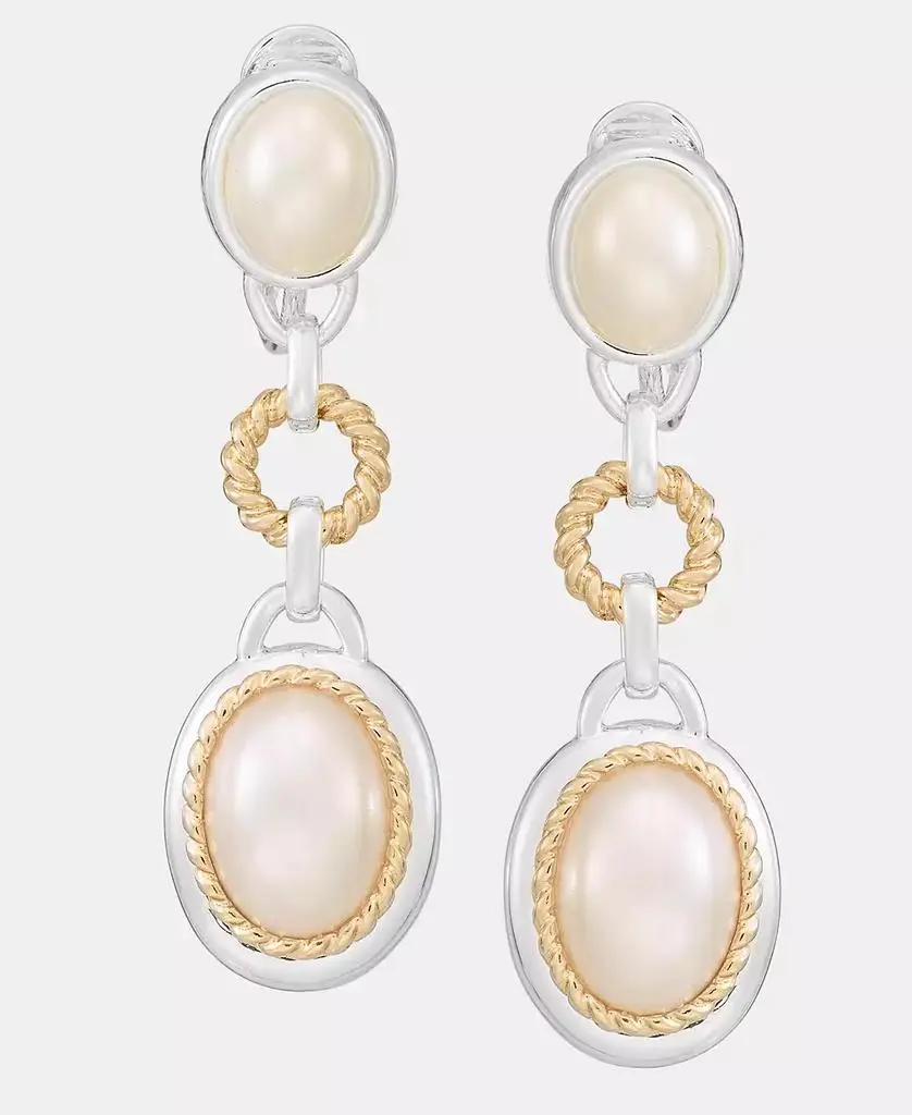 Anne Klein Two-Tone Roping Metal Imitation Pearl Linear EZ Comfort Clip Earrings