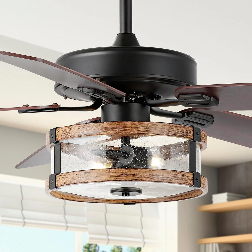 JONATHAN Y Joanna 52" 2-Light Rustic Industrial Iron/Wood/Seeded Glass Mobile-App/Remote-Controlled LED Ceiling Fan 1