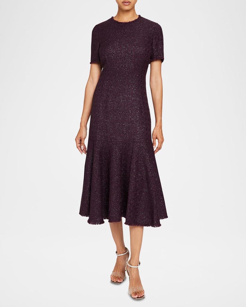 Santorelli Fringe-Trim Metallic Tweed Midi Dress
