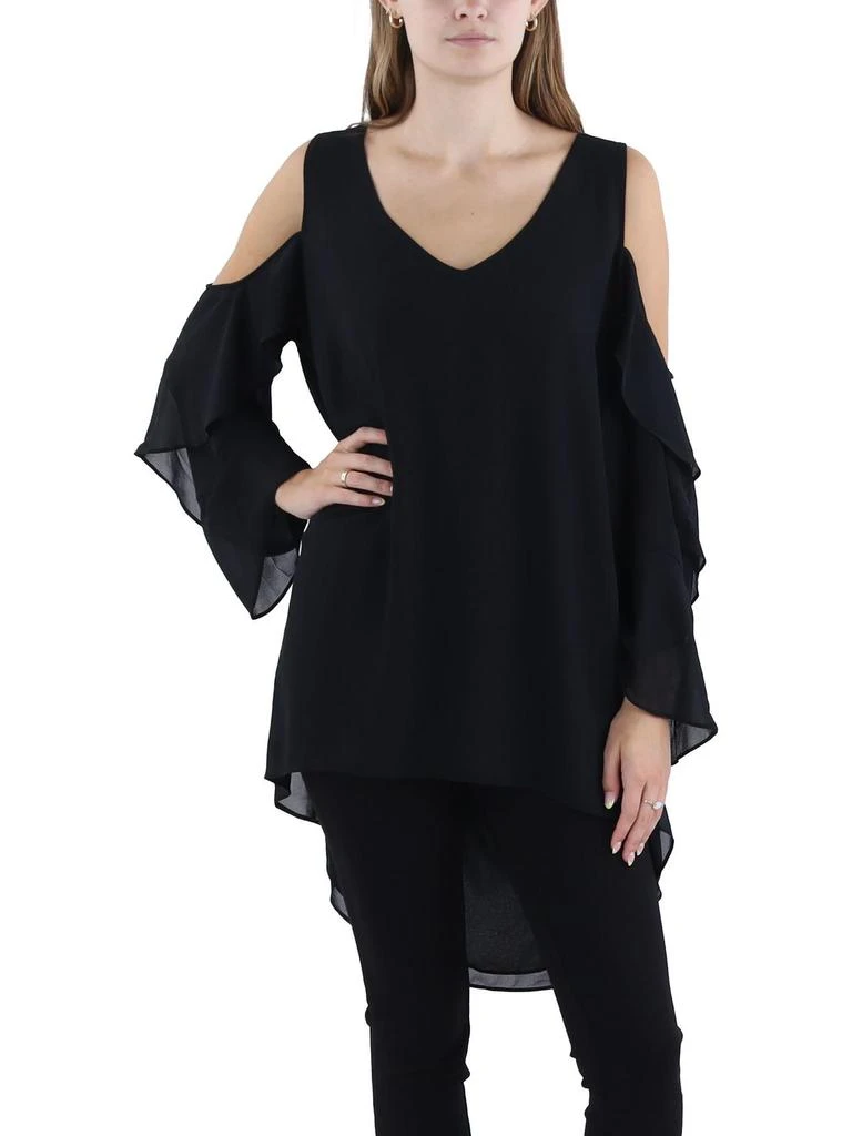 City Chic Plus Womens V-Neck Cascade Ruffle Cold Shoulder 1