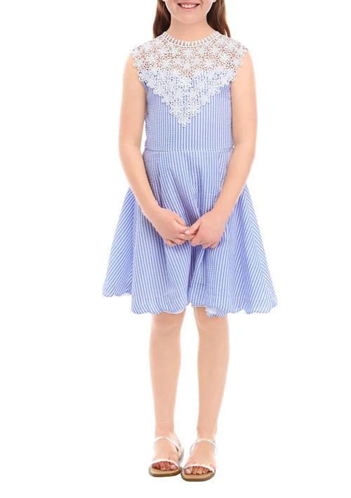 Rare Editions Editions Girls 7 16 Sleeveless Seersucker Dress With Crochet Neck Piece 1