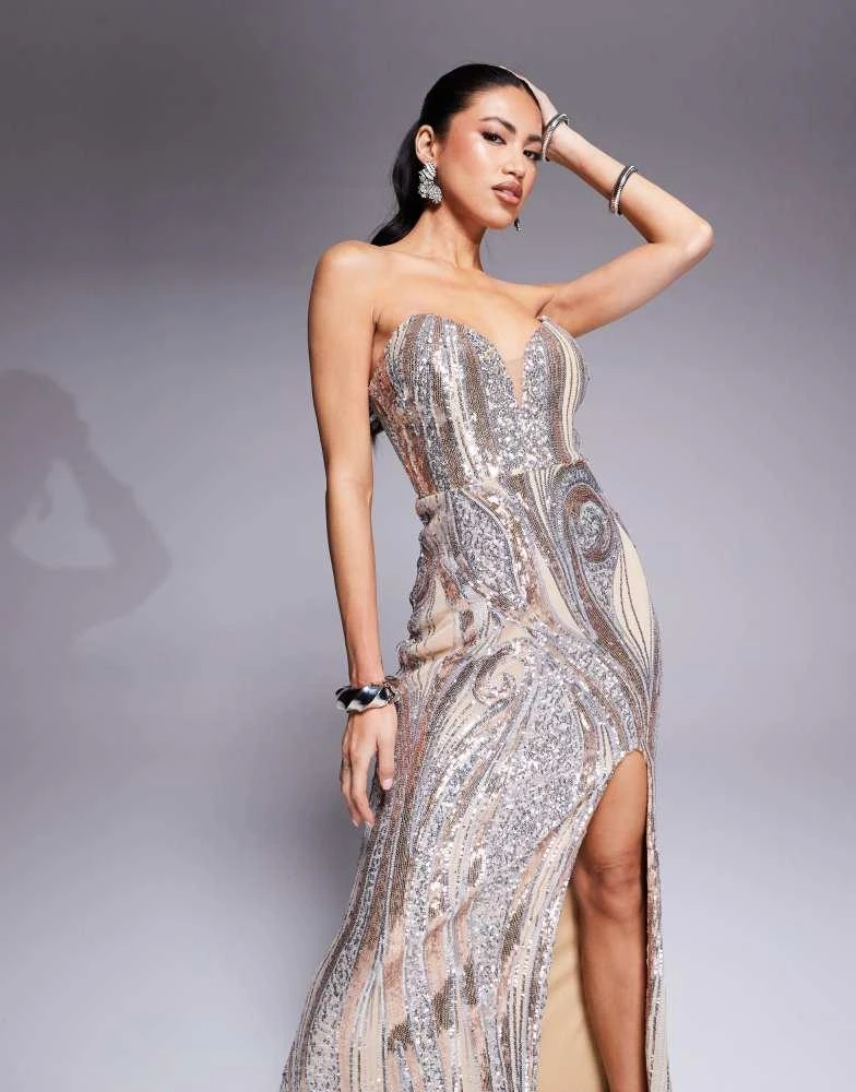 white christmas dresses Strapless Multi Sequin Maxi Dress - Champagne