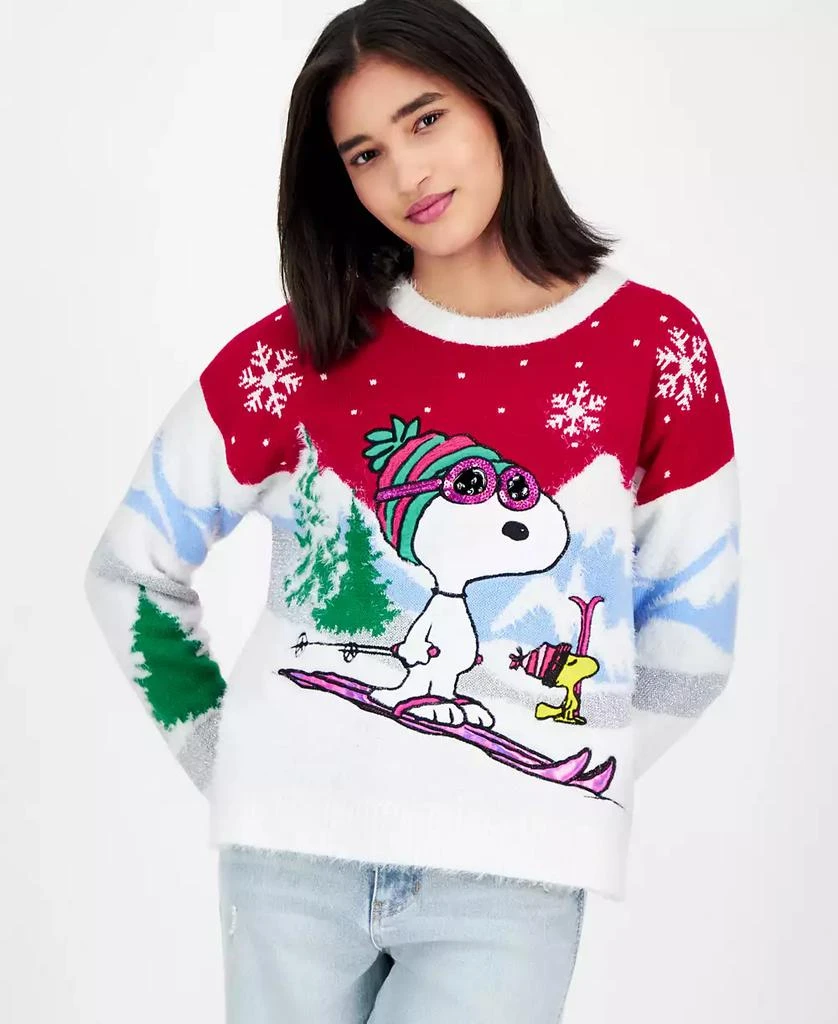 Hooked Up by IOT Juniors' Snoopy and Woodstock Skiing Christmas Sweater 1