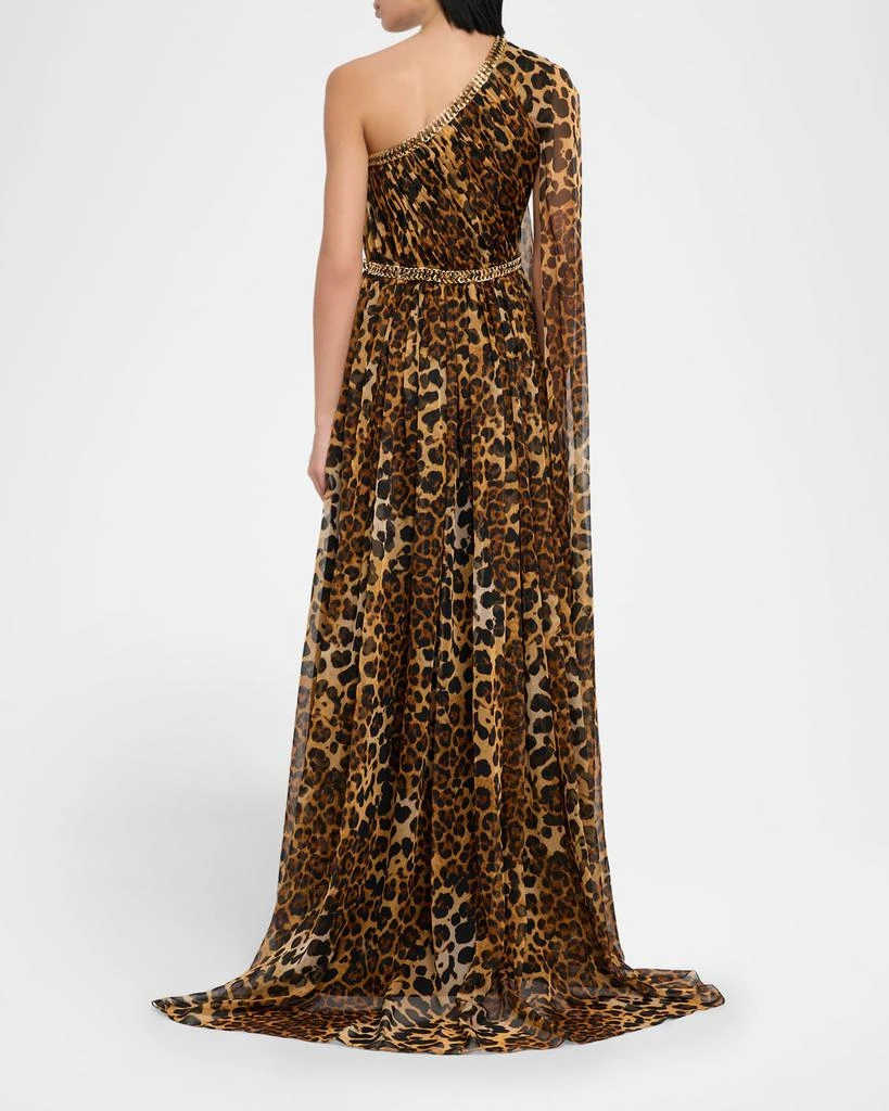 Pamella Roland Leopard Chiffon Cape-Sleeve One-Shoulder Gown With Embroidered Belt 3