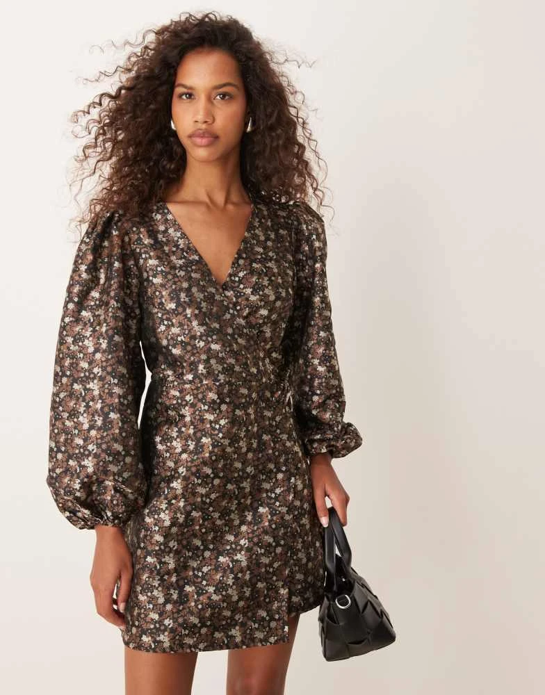Glamorous Glamorous v neck balloon sleeve mini dress with front wrap in 70's black floral 1