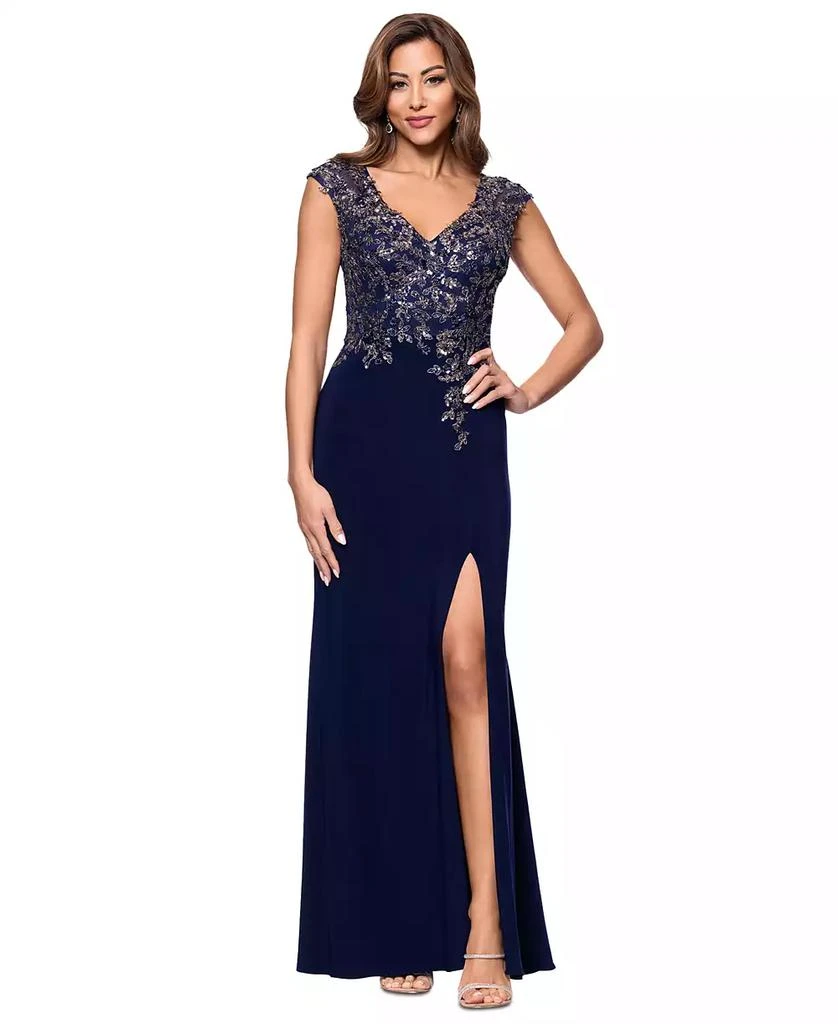 Xscape Women's Embellished V-Neck Sleeveless Gown - Navy/Gunmetal - 6 Xscape Women's Embellished V-Neck Sleeveless Gown - Navy/Gunmetal - 6