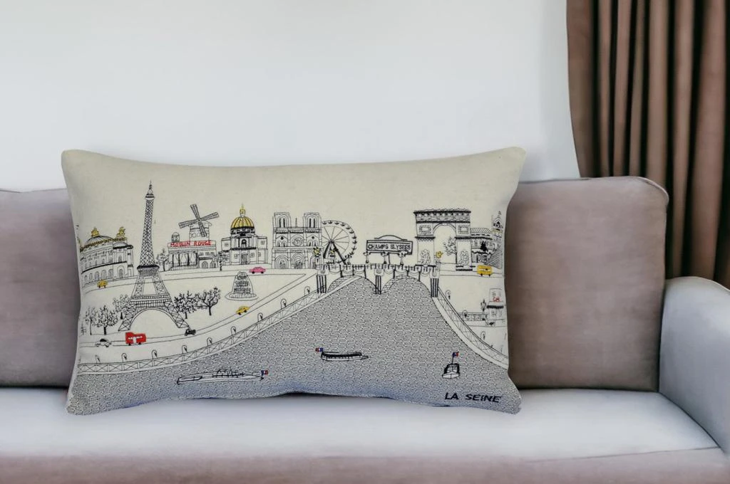 Hivvago 25" White Paris Daylight Skyline Lumbar Decorative Pillow