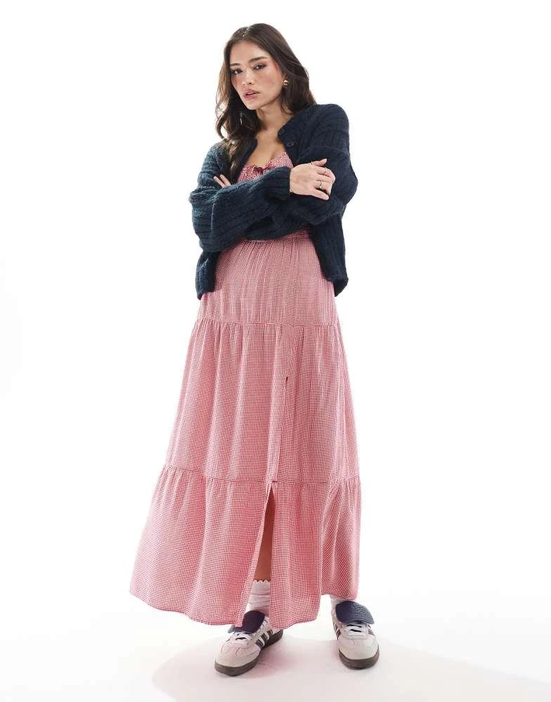 HOLLISTER Hollister embroidered eyelet detail shirred bust maxi dress with thigh split in red gingham 4