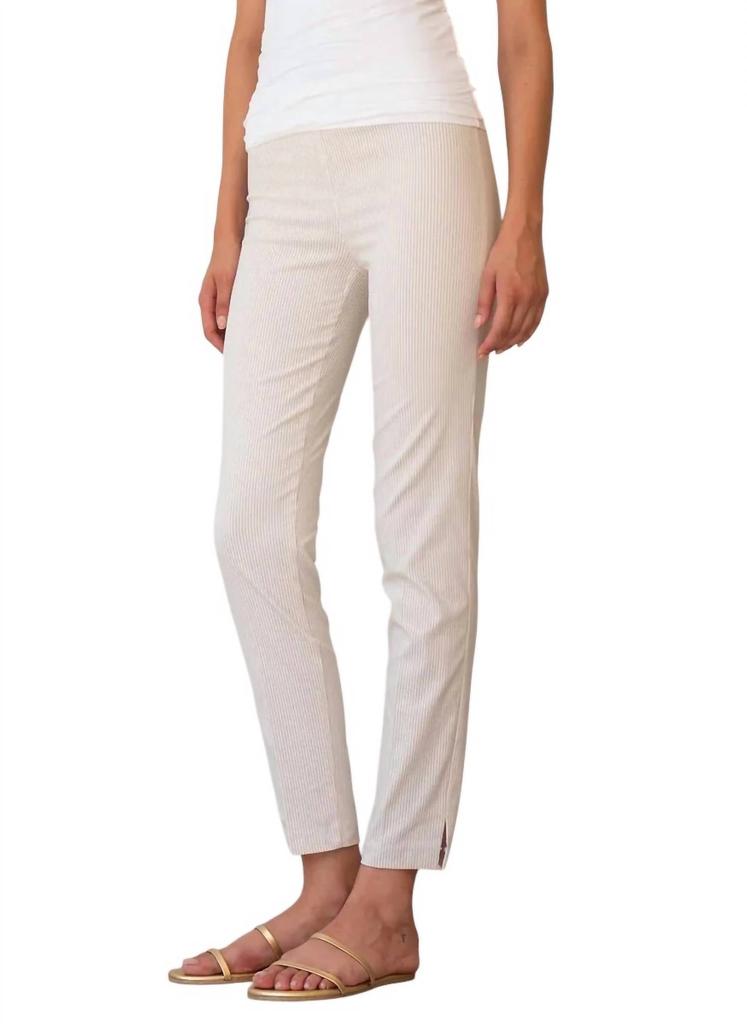 Avenue Montaigne Pars Seersucker Stripes Ankle Slim Pants In Beige