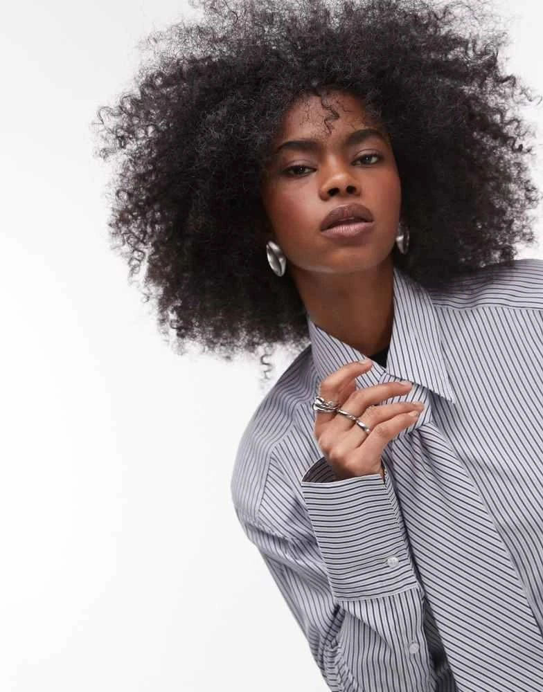 ASOS ASOS DESIGN oversized cinch waist shirt with tie in black pinstripe 4