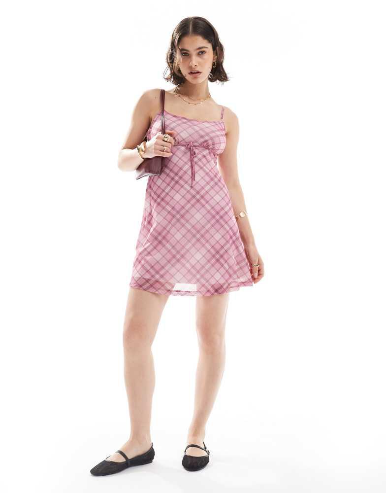 New Look New Look check bow trim mesh mini dress in pink