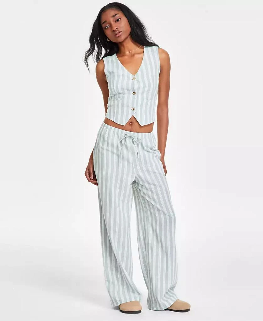 Hippie Rose Juniors' Striped Wide-Leg Drawstring Linen-Blend Pants 1