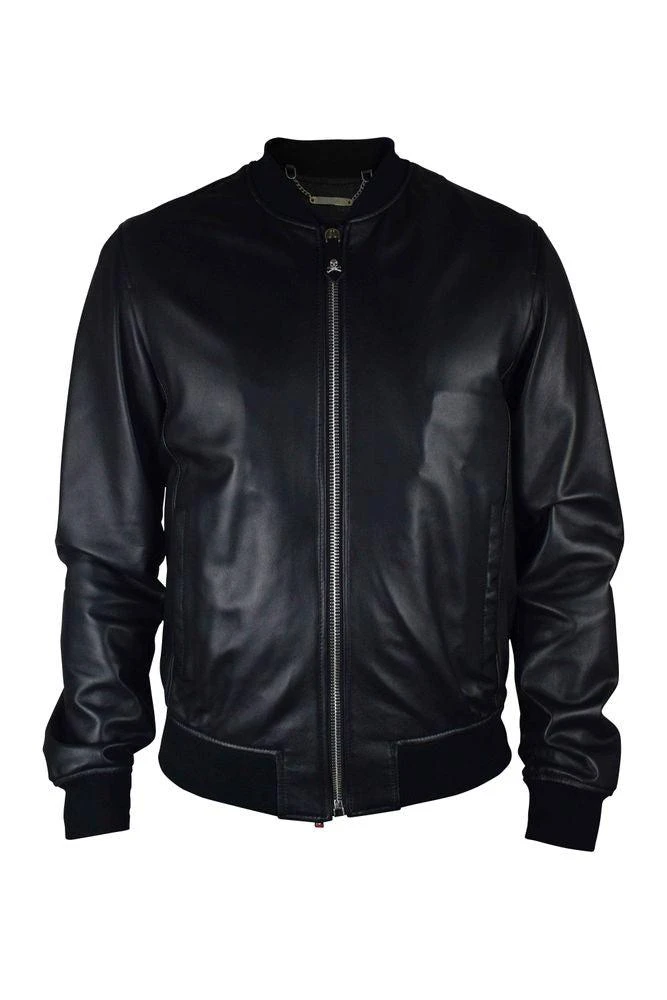 Philipp Plein Black Leather Bomber Jacket With Skull Design