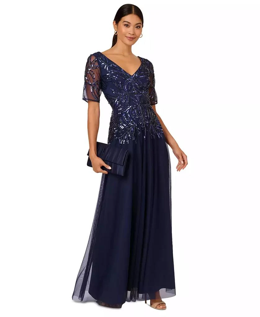 Beaded Mesh Long Dress In Green Slate