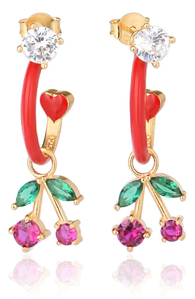 Gabi Rielle 14k Yellow Gold Vermeil Red French Enamel Cherry Dangle Earrings