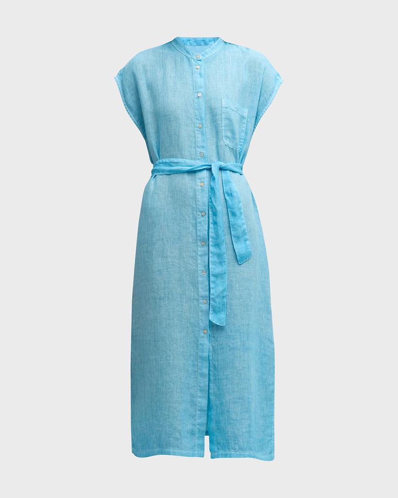 120% Lino Belted Cap-Sleeve Linen Midi Shirtdress