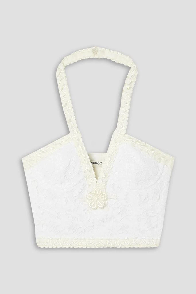 Alessandra Rich Cropped embroidered cotton-blend lace halterneck bustier top 1