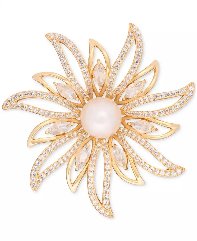 Macy
s Cultured Freshwater Pearl (9-1/2mm) 
Cubic Zirconia Sunburst Convertible Pin to Pendant in 18K Gold-Plated Sterling Silver