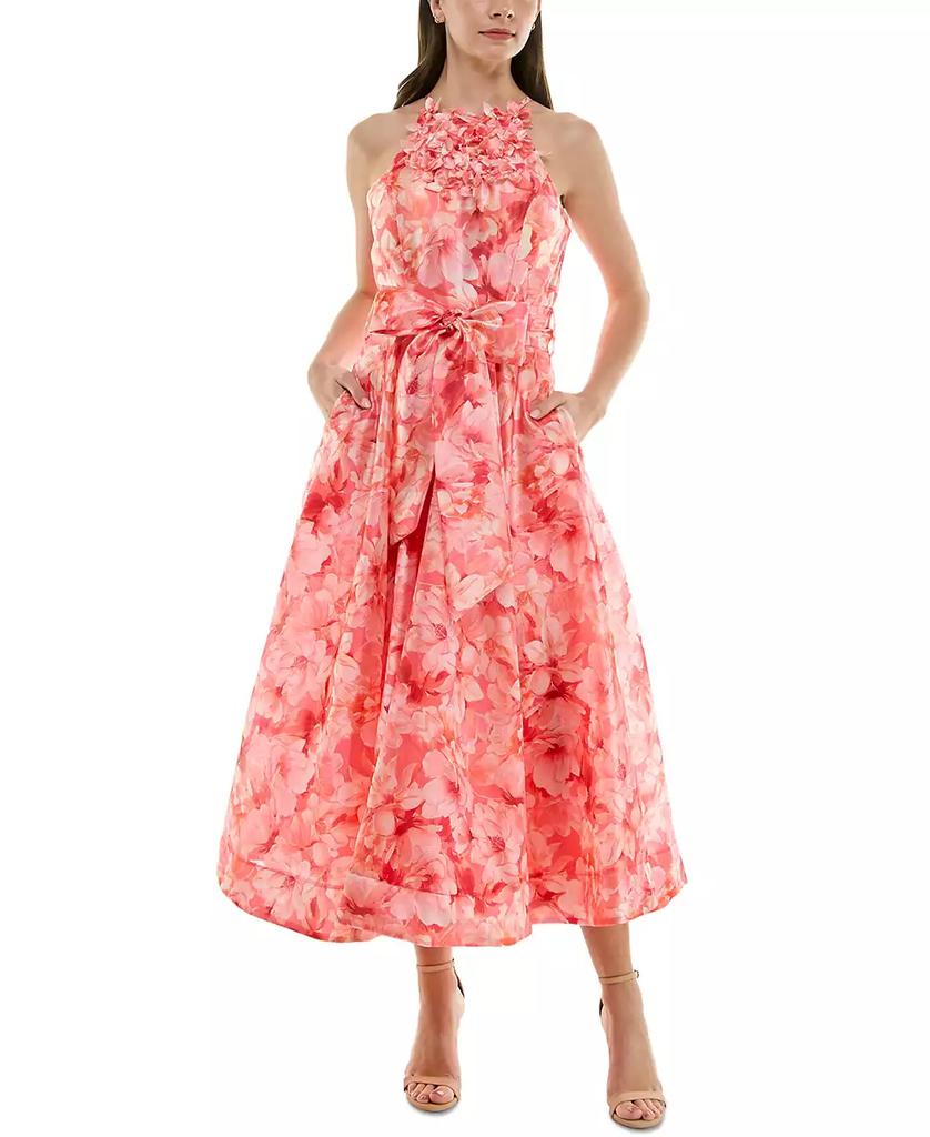 Taylor Women's Floral-Trim Bow-Waist Midi Dress