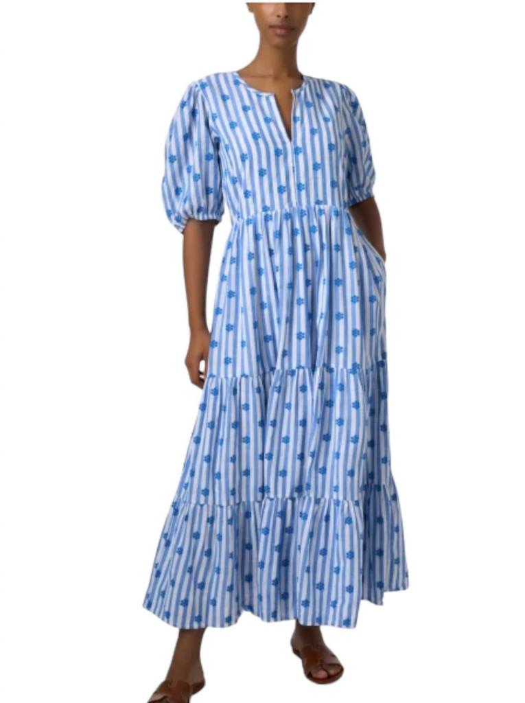 Oliphant Puff Sleeve Maxi Dress In Blue And White