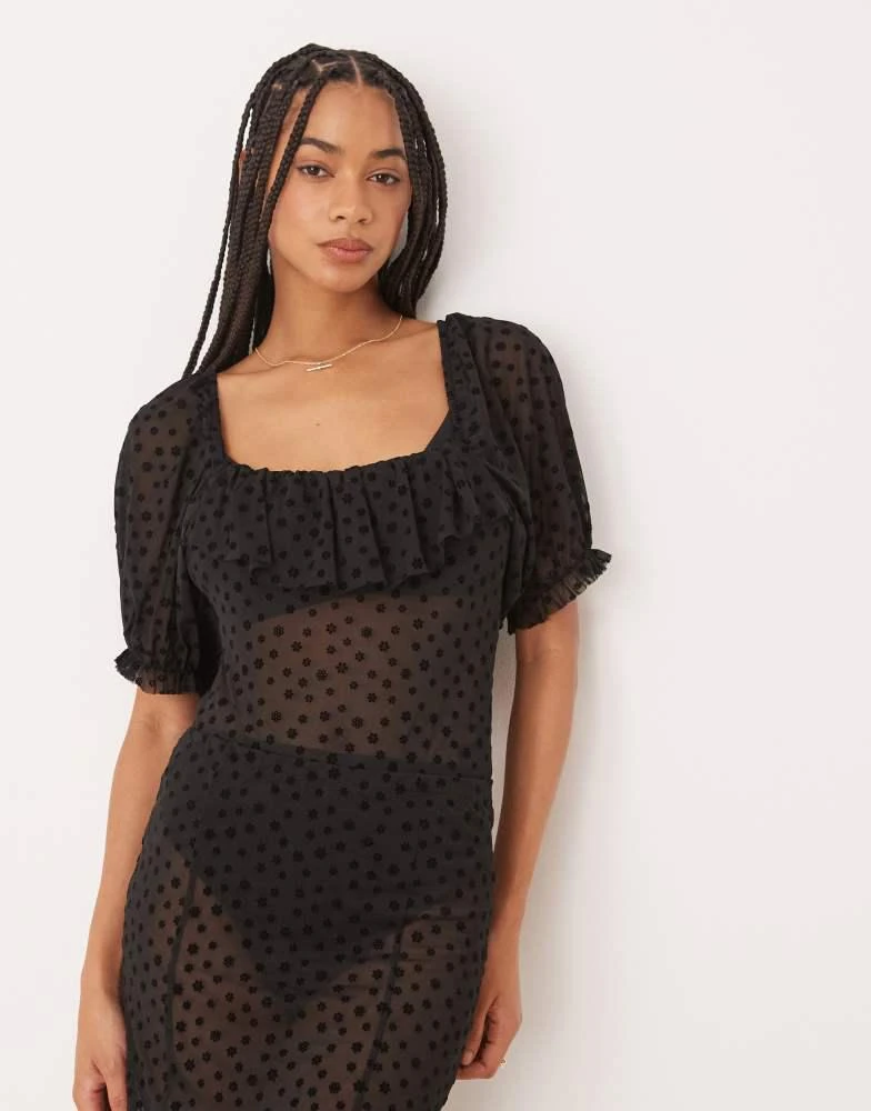 ASOS ASOS DESIGN floral flocked mesh short sleeve bodysuit with ruffle detail in black