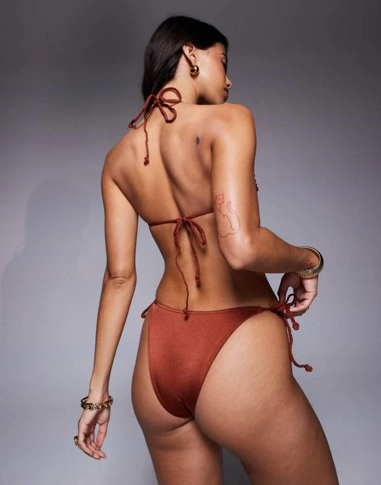 ASOS ASOS DESIGN Simone shine tie side bikini bottom with plaited straps & bead detail in bronze 3