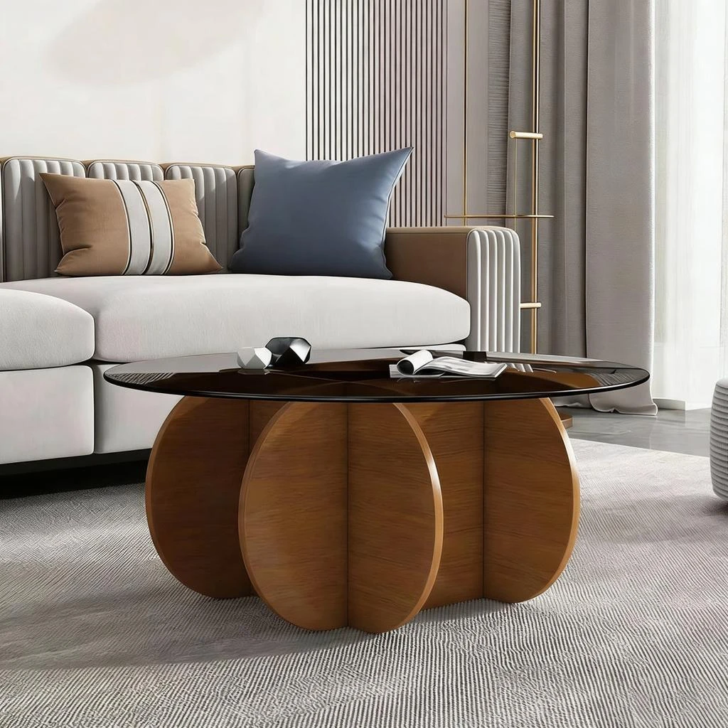 Streamdale Furniture Streamdale Modern Round Coffee Table, 31.5" Walnut Mid Century Center Table with Glass Top 6