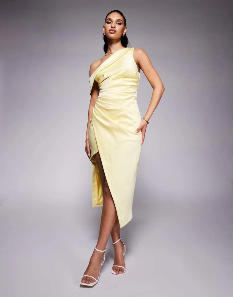 Shop Lavish Alice asymmetric neckline pleated satin midi dress in yellow on  Sale at BeyondStyle  Get 50% Off Lavish Alice asymmetric neckline pleated  satin midi dress in yellow with Limited-Time Flash