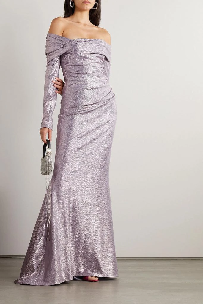 Talbot Runhof Off-the-shoulder draped metallic woven gown 2