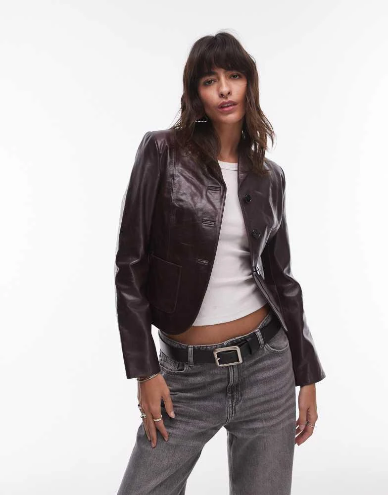 Mango Mango leather blazer in dark red 2