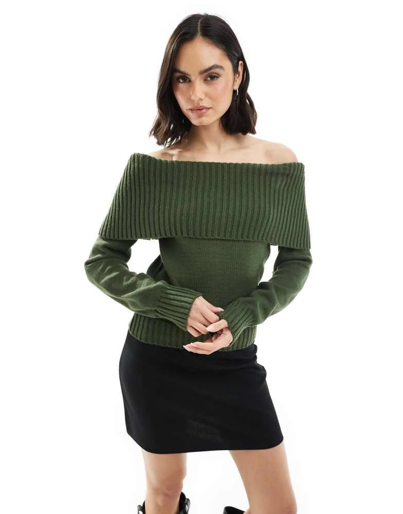 ASOS ASOS DESIGN knitted bardot jumper with rib detail in olive 1