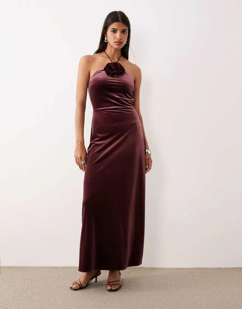 YAS YAS velvet halterneck maxi dress with rosette in burgundy 1