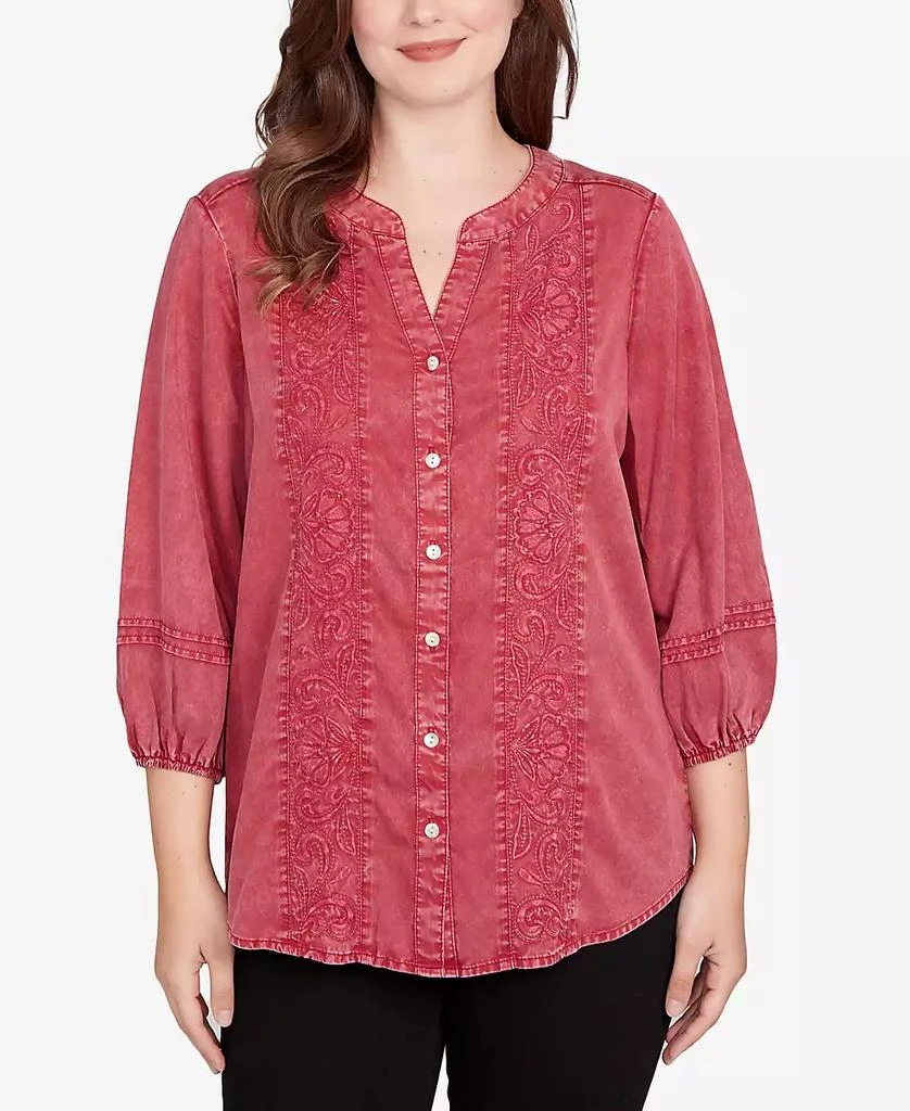 Ruby Rd. Petite Artisan Embroidered Button Front Top 1