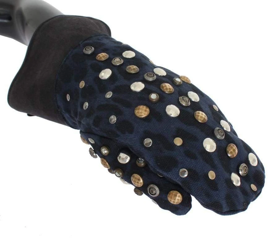 Dolce & Gabbana Dolce & Gabbana  Gray Wool Shearling Studded Blue Leopard Gloves 3