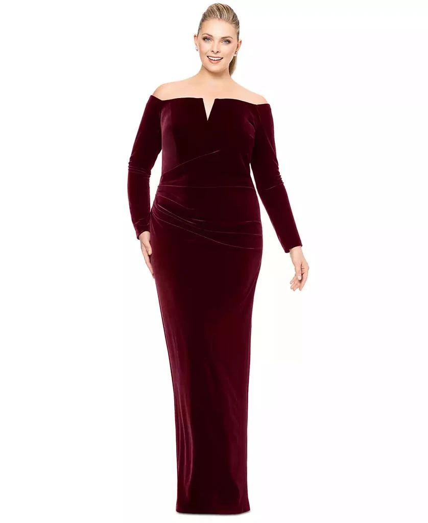 XSCAPE Plus Size Velvet Notch-Neck Off-The-Shoulder Gown 1
