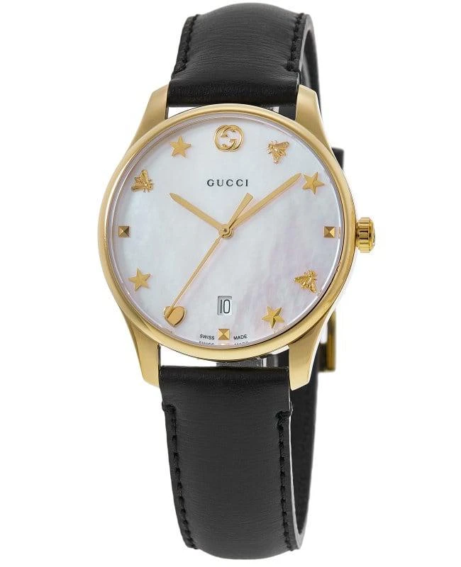 Gucci Gucci G-Timeless Mother of Pearl Dial Black Leather Strap Women's Watch YA1264044A 1