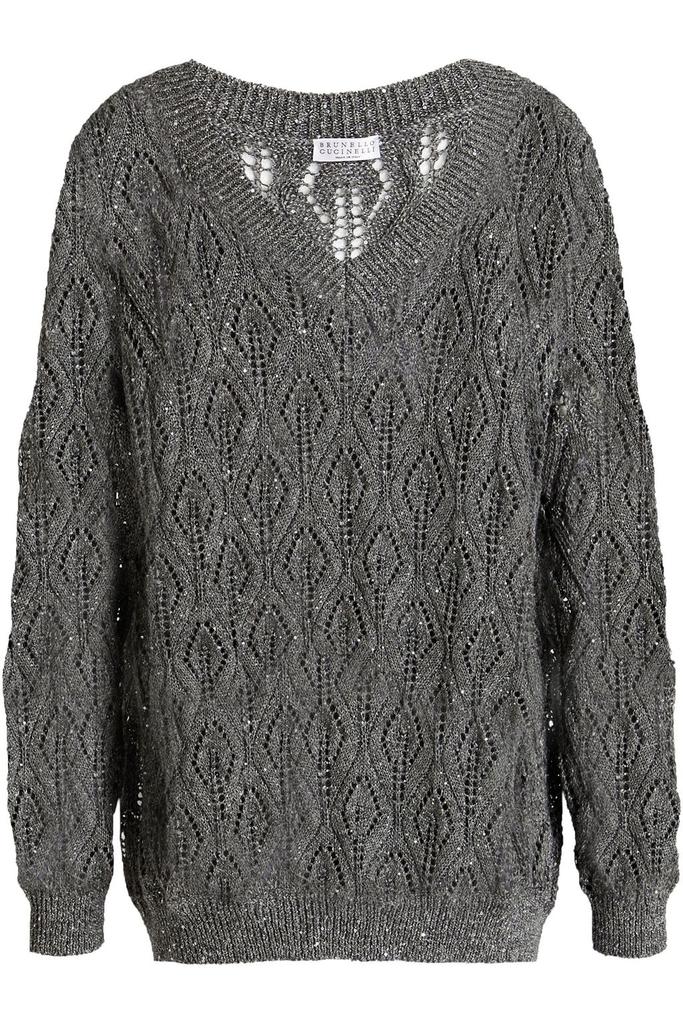 Brunello Cucinelli Embellished pointelle-knit linen-blend sweater