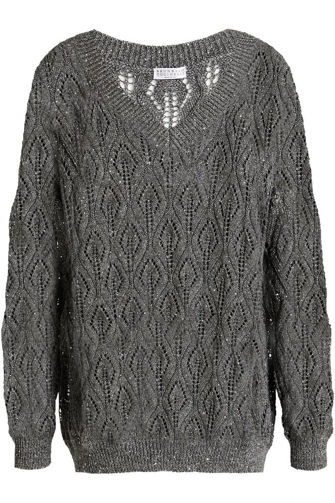 BRUNELLO CUCINELLI Embellished pointelle-knit linen-blend sweater 1