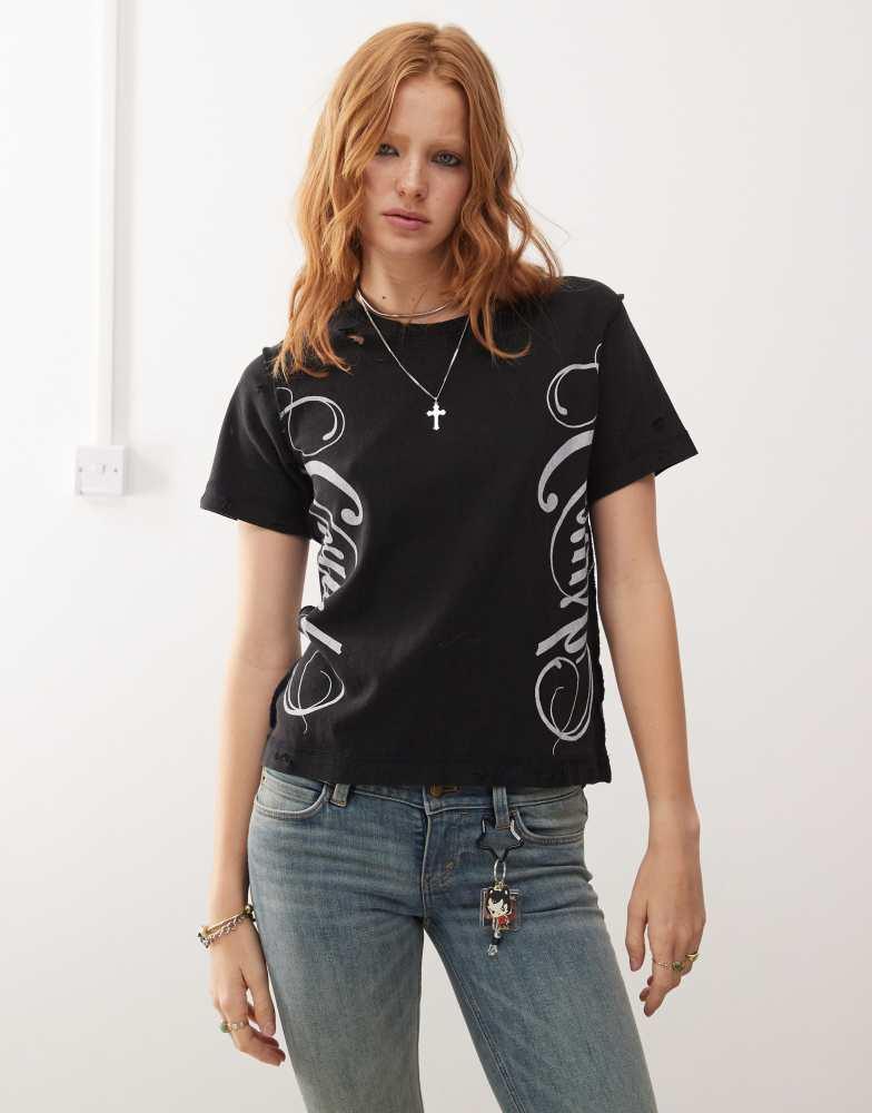 Cheap Monday Cheap Monday distressed short sleeve t-shirt with crush graphic print in washed black