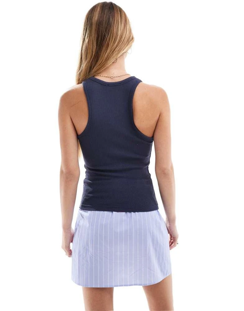 Stradivarius Stradivarius ribbed racer tank top in navy 2