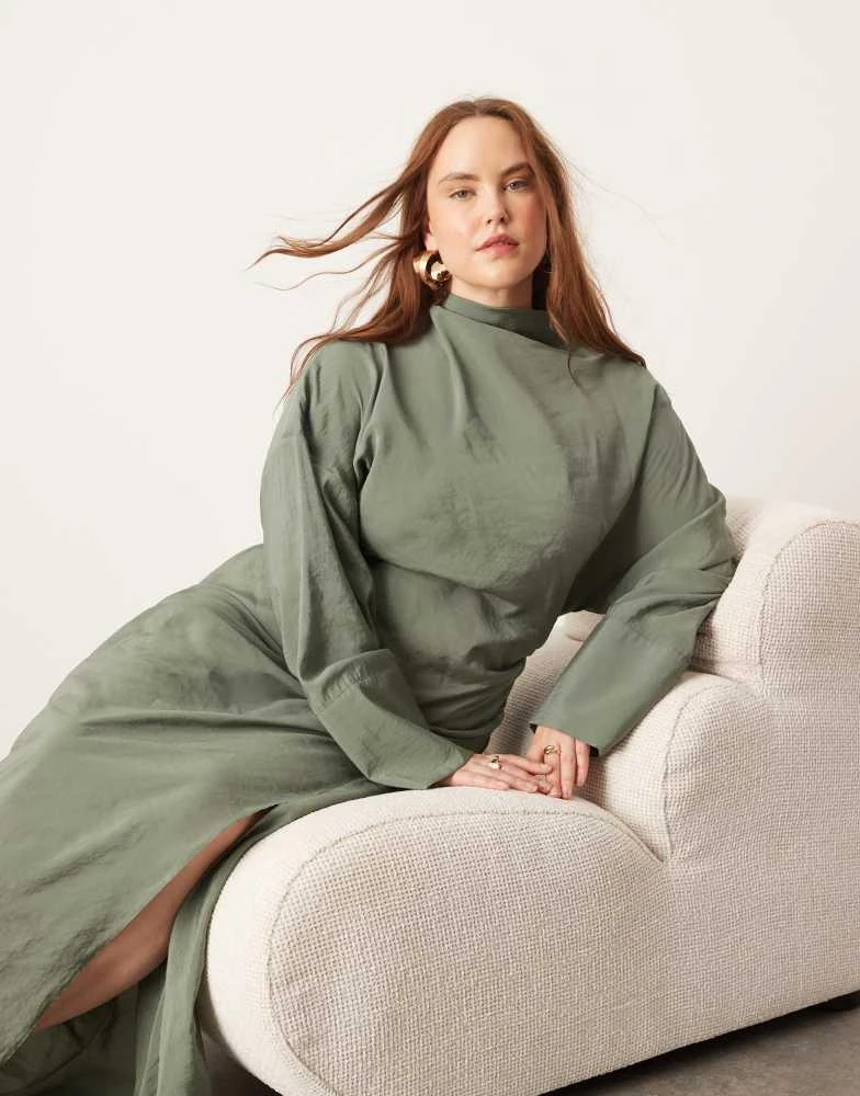 ASOS ASOS EDITION Curve soft high neck ruched detail maxi dress with cut out back in khaki 2