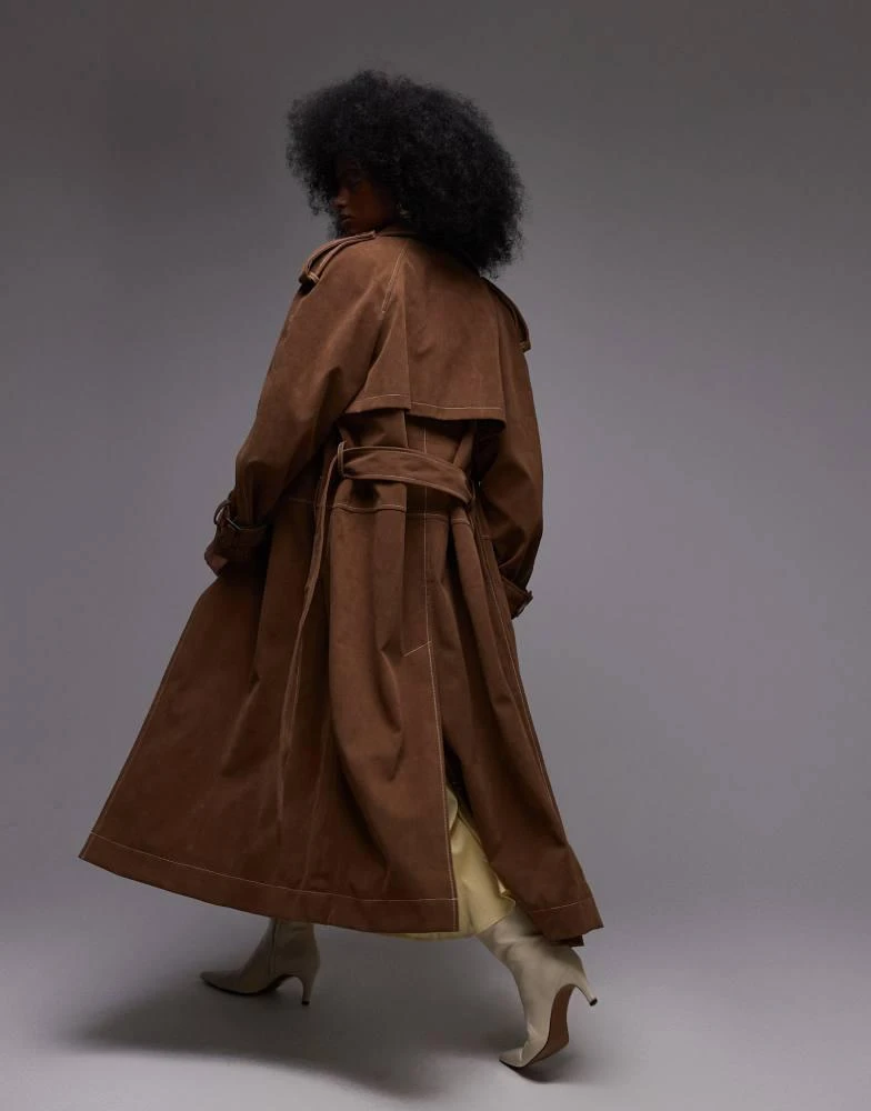 Topshop Topshop longline oversized faux suede trench coat in contrast stitch brown 4