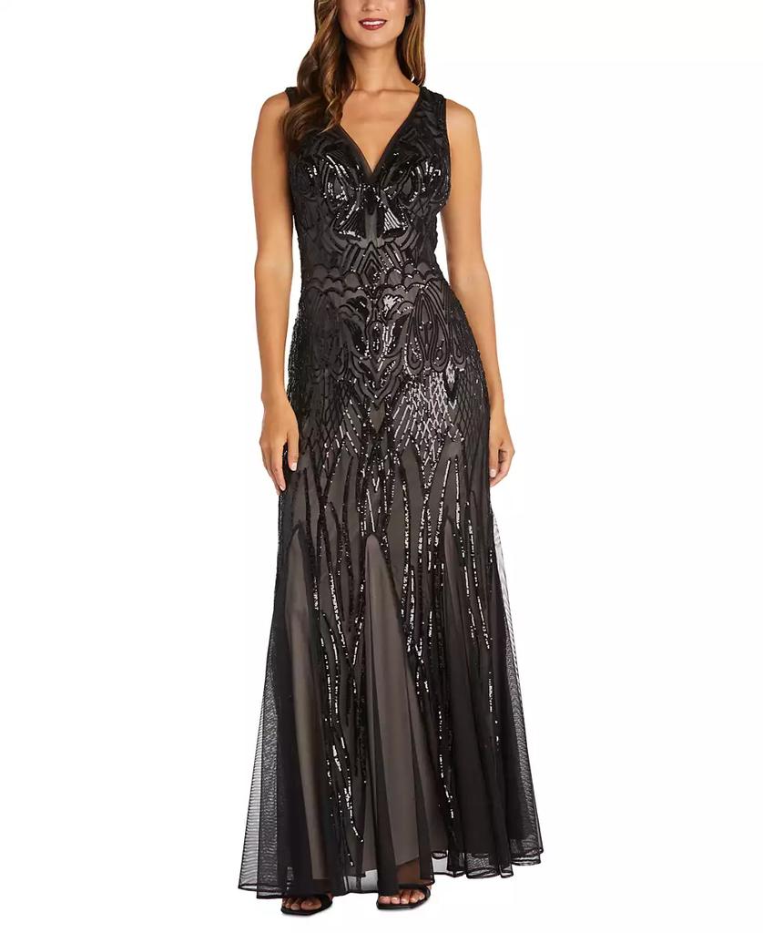 R & M Richards Women's Sequined V-Neck Godet Gown