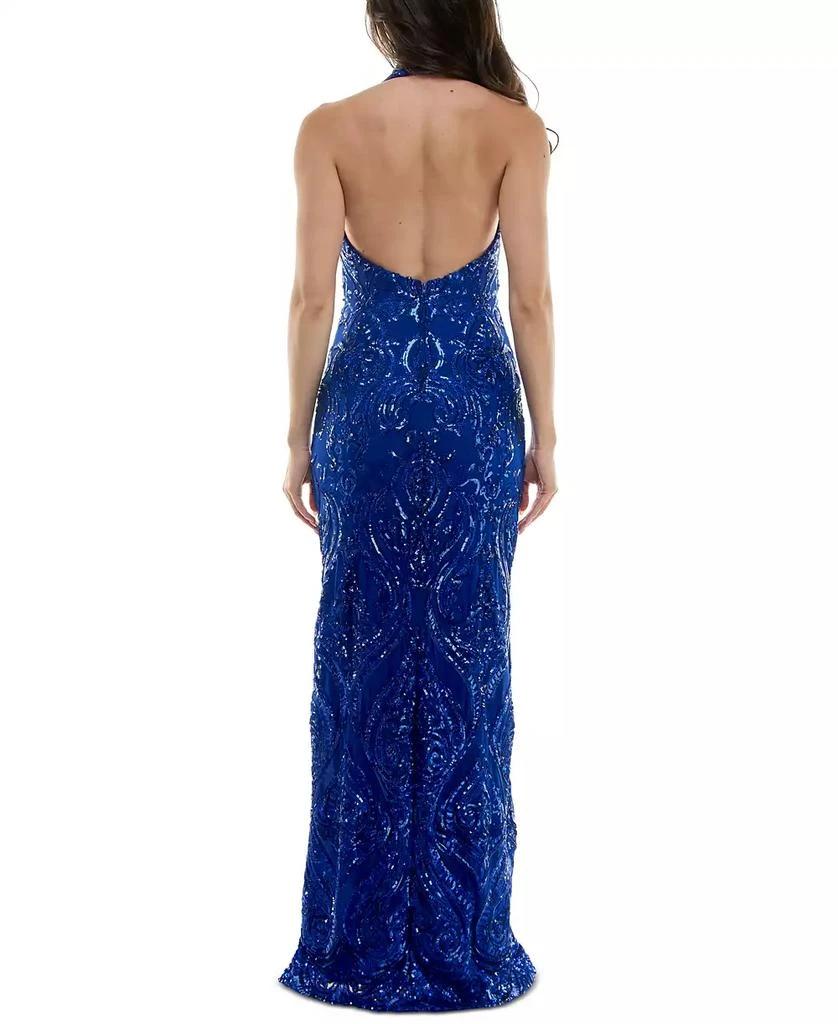 B Darlin Juniors' Sequined Halter V-Neck Open-Back Gown 2
