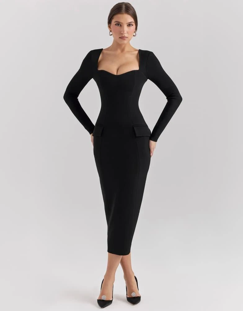 House of CB Ella stretch crepe long sleeve midi dress in black  On Sale  Now with Up to 60% Off | Discover Exclusive Deals & Savings at BeyondStyle   Authentic House