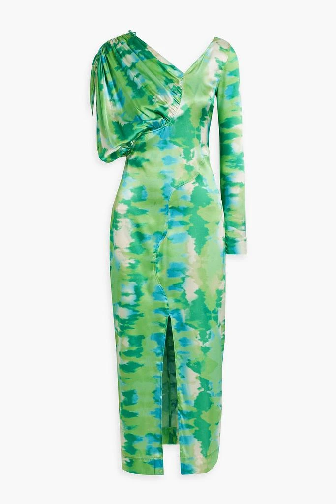 Ganni Asymmetric tie-dyed stretch-silk satin midi dress 1